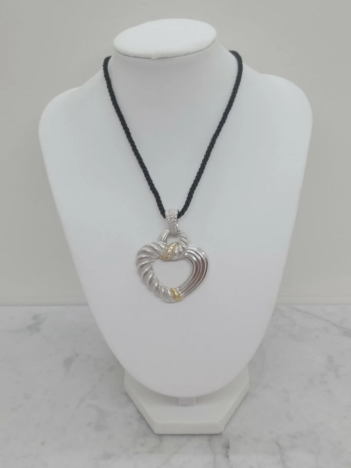 Judith Ripka 纯银 14K 包钻石心形增强器带可调节 36 英寸线 — 第 2/4 张图片