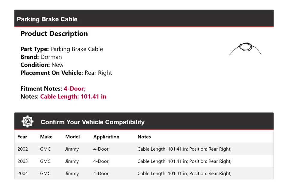 适用于 2002 - 2004 年 GMC Jimmy 4 门 Dorman 停车制动电缆 右后 2003 — 第 2/4 张图片
