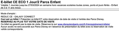 2 e-billets Disneyland paris ECO non daté 1 Jour/2 Parcs Enfants (2x79€)