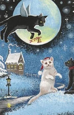 5x7 PRINT OF PAINTING RYTA BLACK CAT FOLK WINTER XMAS ANGEL FAIRY TREE SNOWMAN 