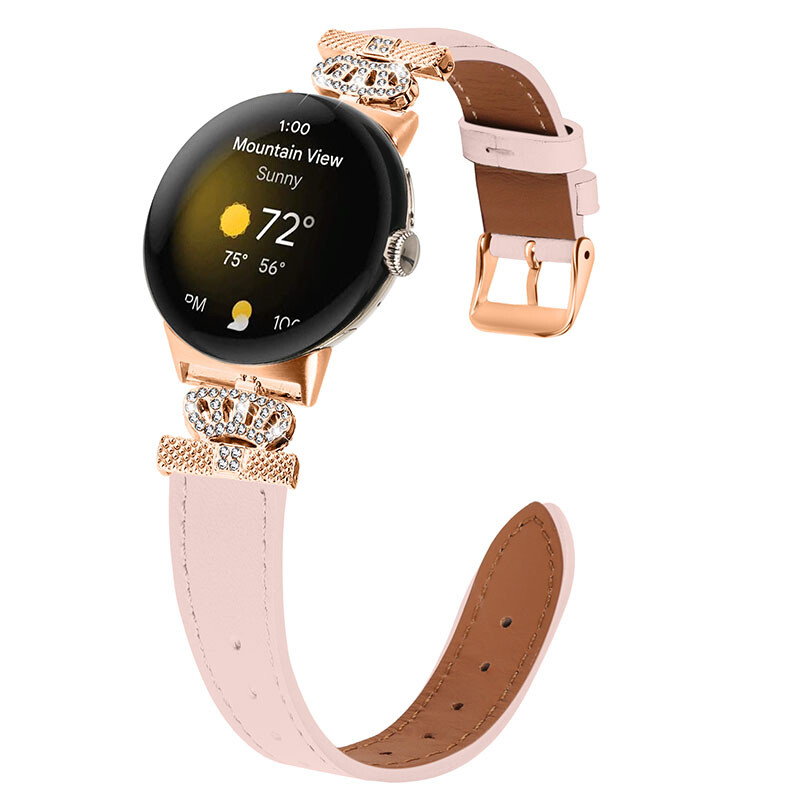 For Google Pixel Watch 1/2 Bling Rhinestones Crown Genuine Leather 
