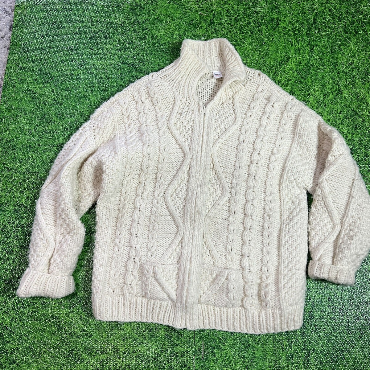 Vintage Tejidos Santillan Wool Full Zip Fisherman Knit Sweater 