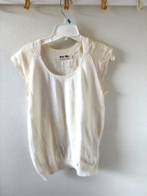 Per Me 100%cotton Women's Embroidered Sequins & Silk Short Sleeves Ivory  Top
