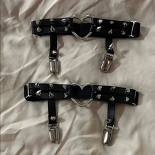 Black Studded Garters with Heart Detail