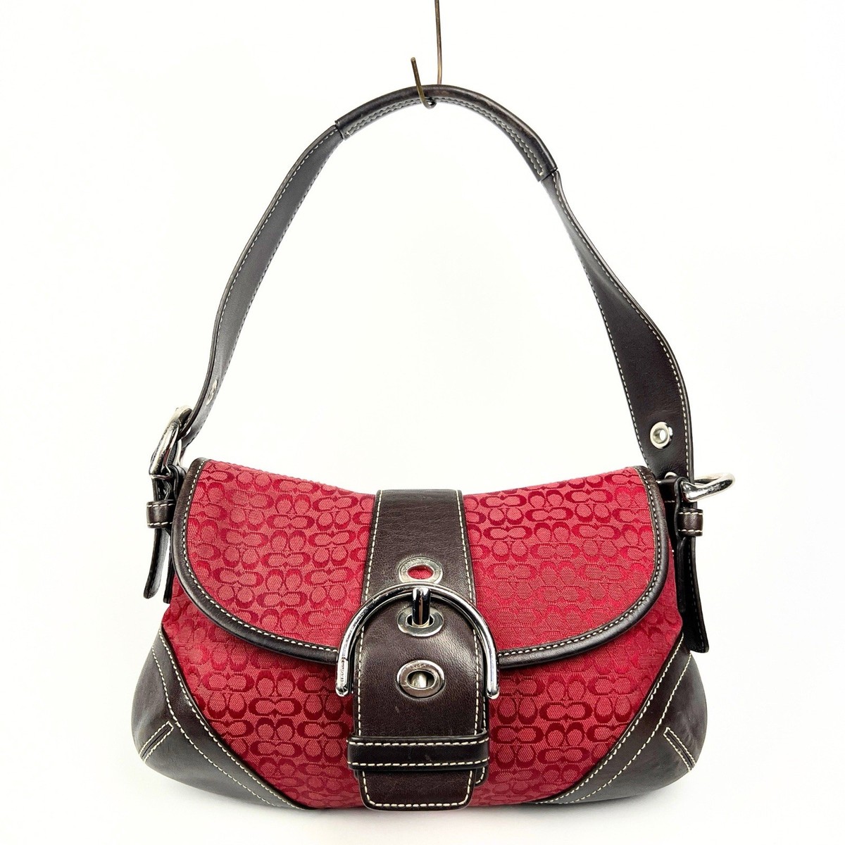 Coach Soho Signature Jacquard Red & Brown Leather Flap Buckle