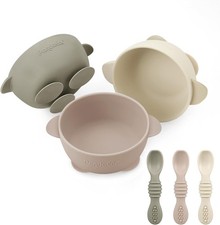 PandaEar 3 Pack Baby Suction Bowls with 3 Feeding Spoons Silicone BPA-Free Set