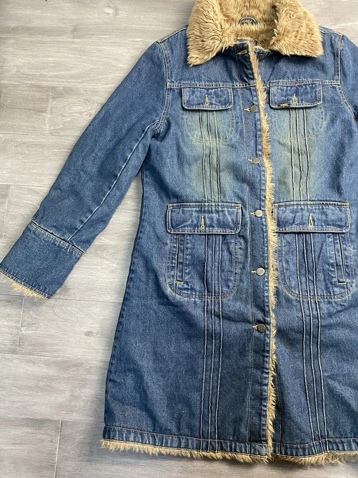 Abrigo largo peludo Y2k LEE Sherpa forrado de mezclilla rancho forrado de piel afgana para mujer talla L” Foto 2 de 4