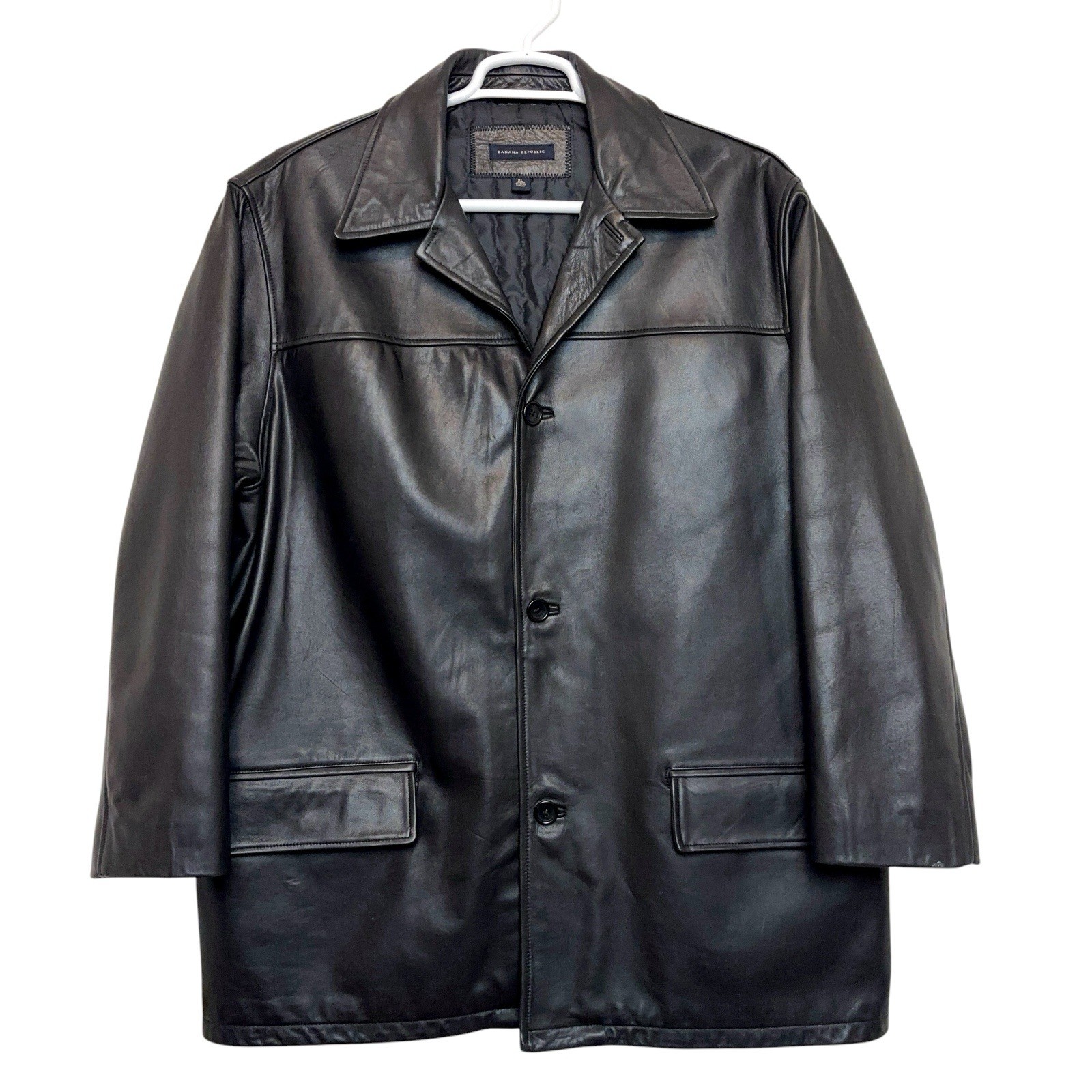 Banana Republic Soft Leather Jacket Men XL Black Button Quilted Car Coat VTG Y2K