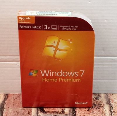 New Microsoft Windows 7 Home Premium Upgrade 32/64 Bit Vista Family Pack 3 PCs