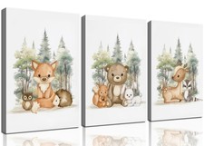 3 Pcs Woodland Animal Nursery Canvas Wall Art Cute Wild Animals Poster Print ...