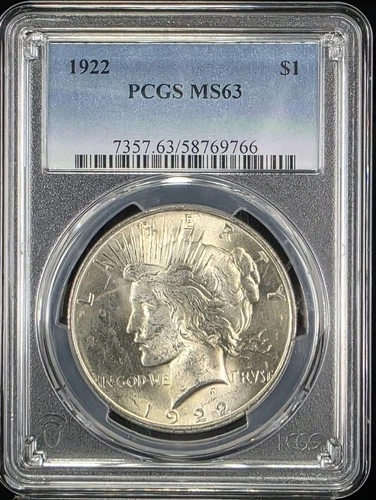 1922 Peace Silver $1 Dollar PCGS MS63 Graded US Coin Slab Philadelphia Mint 90%