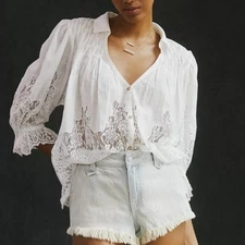 By Anthropologie Victorian Sheer-Lace Blouse White Large Renaissance Boho