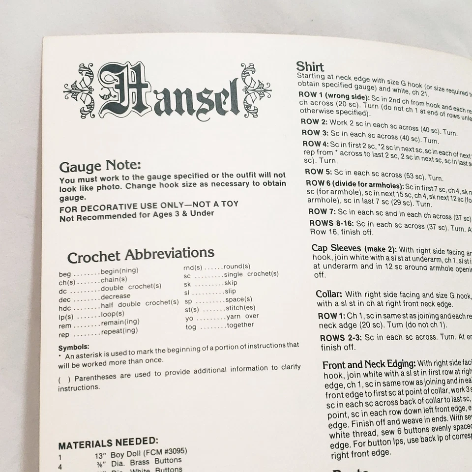 Hansel Outfit Crochet Pattern 13" Doll Fibre Craft 1988 FCM170 - Image 3 of 4