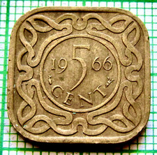 SURINAME 1966 5 CENTS, SQUARE SHAPE Brass km# 12.1 yes we do combine postage