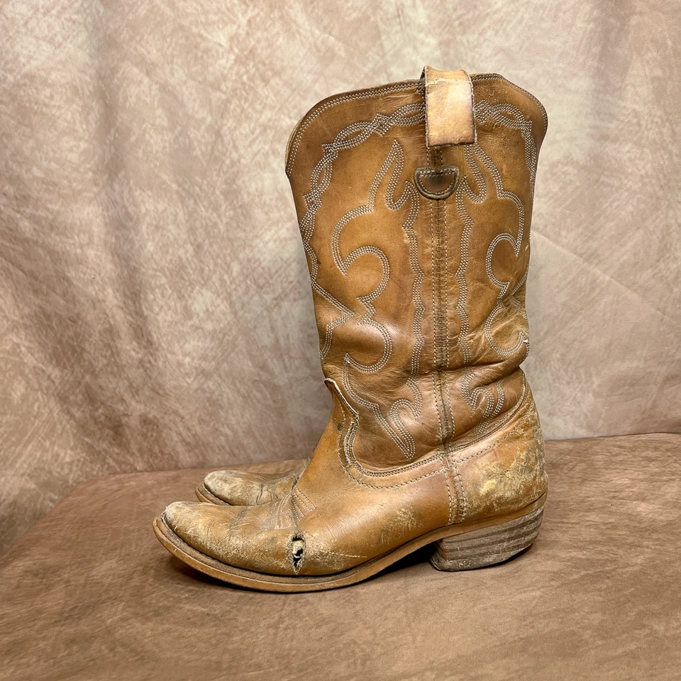 Bota de Vaquero Levi's Vintage Años 70 Naranja Tab Cuero Becerro Alto Caminar Bordada Foto 2 de 4