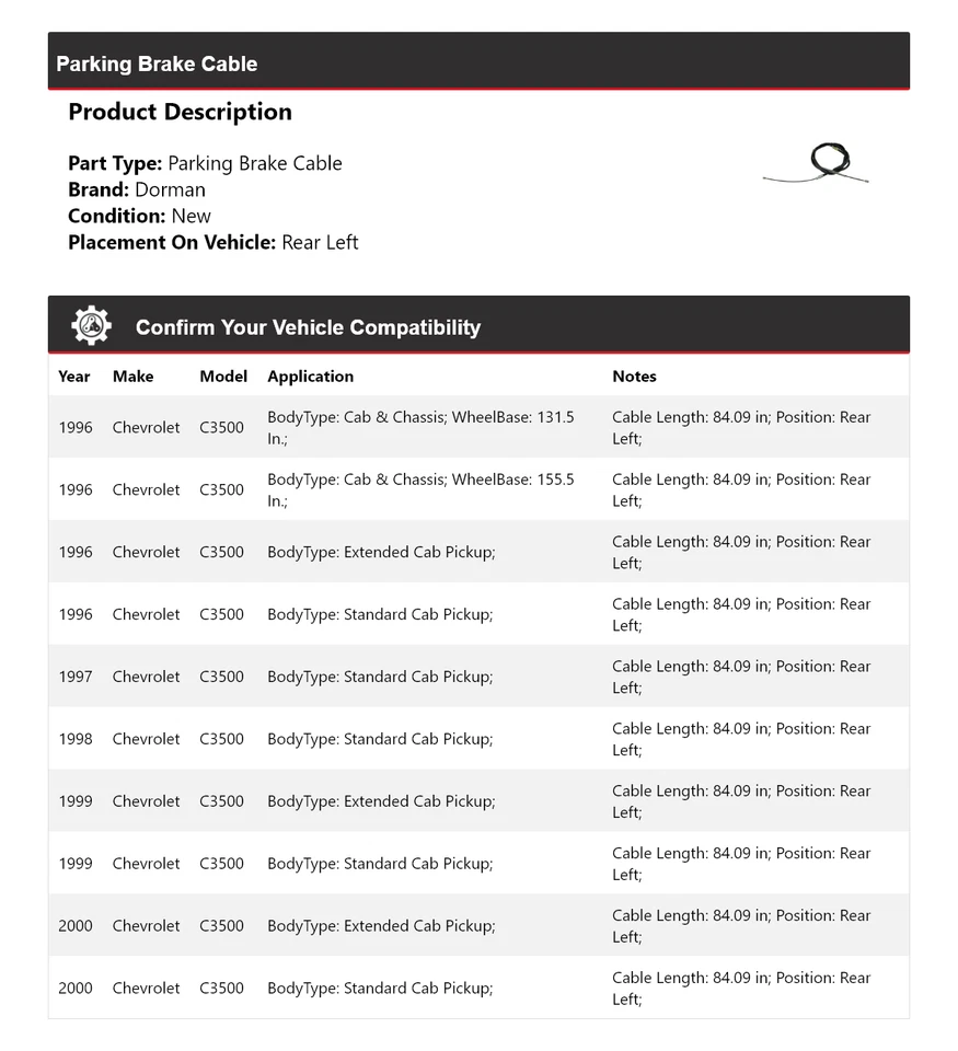 Cable de freno de estacionamiento trasero izquierdo para Chevrolet C3500 Dorman 1996-2000 1997 1998 Foto 2 de 4
