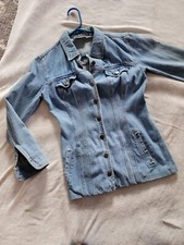 Grunge DKNY Womens Jacket Jean Blue Denim Fitted Distress sz 8 Altered faded