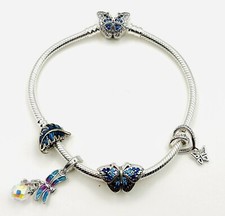 925 Sterling Silver Butterfly Snake Chain Charm Bracelet With 4X 925 SS Charms