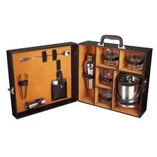 Leatherette Portable Bar Case Set with Ice Bucket Glasses Brown & Beige