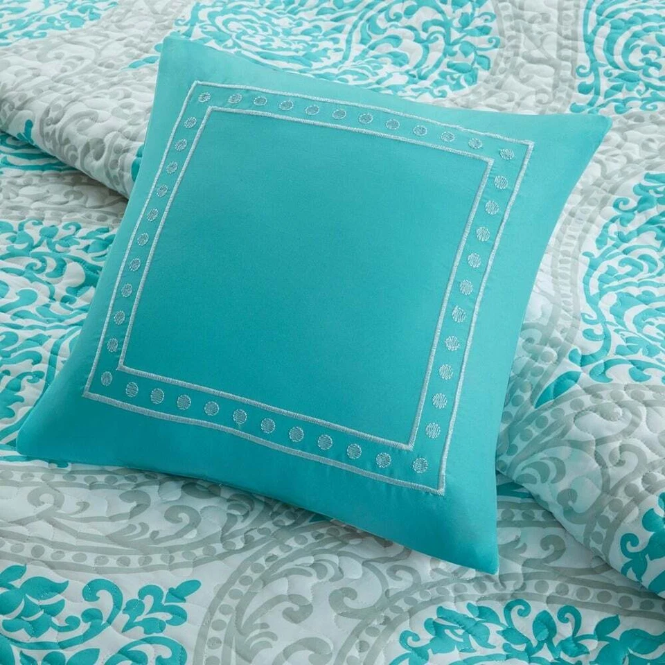 ¡NUEVO! ~ JUEGO DE EDREDÓN Y ALMOHADAS SUAVES COSTERAS CASA DE PLAYA GRIS CHIC AZUL AGUA BLANCO Foto 2 de 3