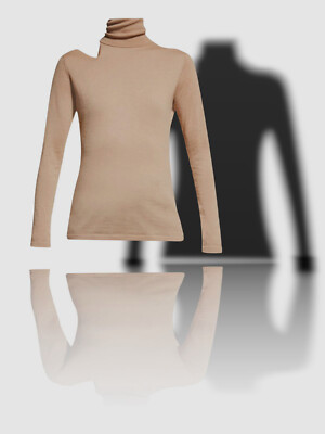 $430 Neiman Marcus Womens Beige Cashmere Cutout Turtleneck Sweater Sz L