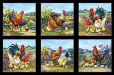 24" X 44" Panel Chickens Farm Roosters Animals Joyful Fabric Panel D370.66