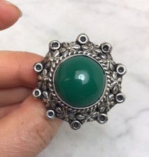 Vintage TAXCO Sterling Silver Green Stone Flower Large Adjustable Ring