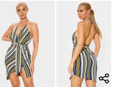 MULTI STRIPE HALTERNECK WRAP BODYCON DRESS UK-8 EU-36 US-4 AUS-8