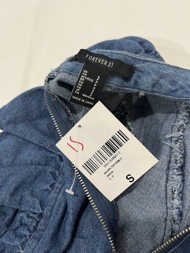 Forever 21 Denim Blouse Size Small Back Zip Up 3/4 Sleeve Front Ruffle Crop Top. - Picture 6 of 19