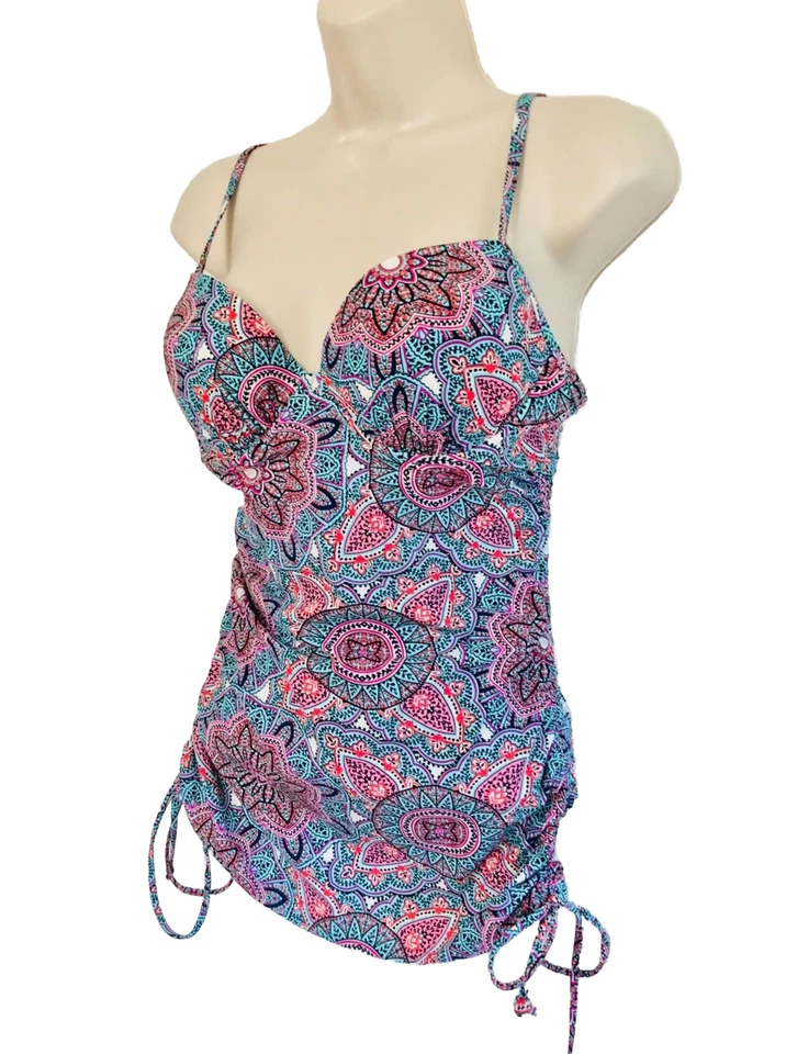 love your assets top  m  Blue Pink White Boho Aztec Push Up Racer Back - Image 2 of 4