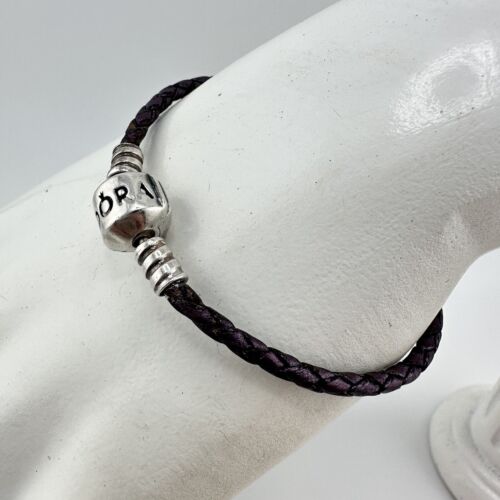 "Pulsera Pandora 925 de plata de ley púrpura trenzado cuero 6,25""" - Imagen 2 de 9