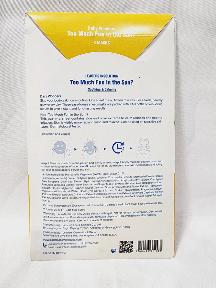 Leaders Insolution 2 MASCARILLAS Demasiada Diversión al Sol Calmante Piel Diaria Nuevo Foto 4 de 4