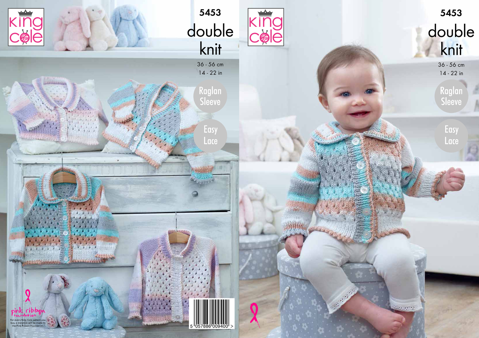 Easy Knit Baby Double Knitting Pattern Raglan Sleeve Cardigans King Cole 5453