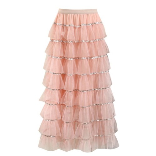 Summer Sequin Ruffles Tiered Midi Layered Girl Lace Mesh Skirts Casual Dress - Afbeelding 6 van 14