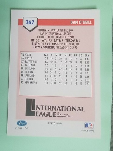 1991 Line Drive AAA #362 Dan O'Neill - Pawtucket Red Sox - Picture 2 of 2