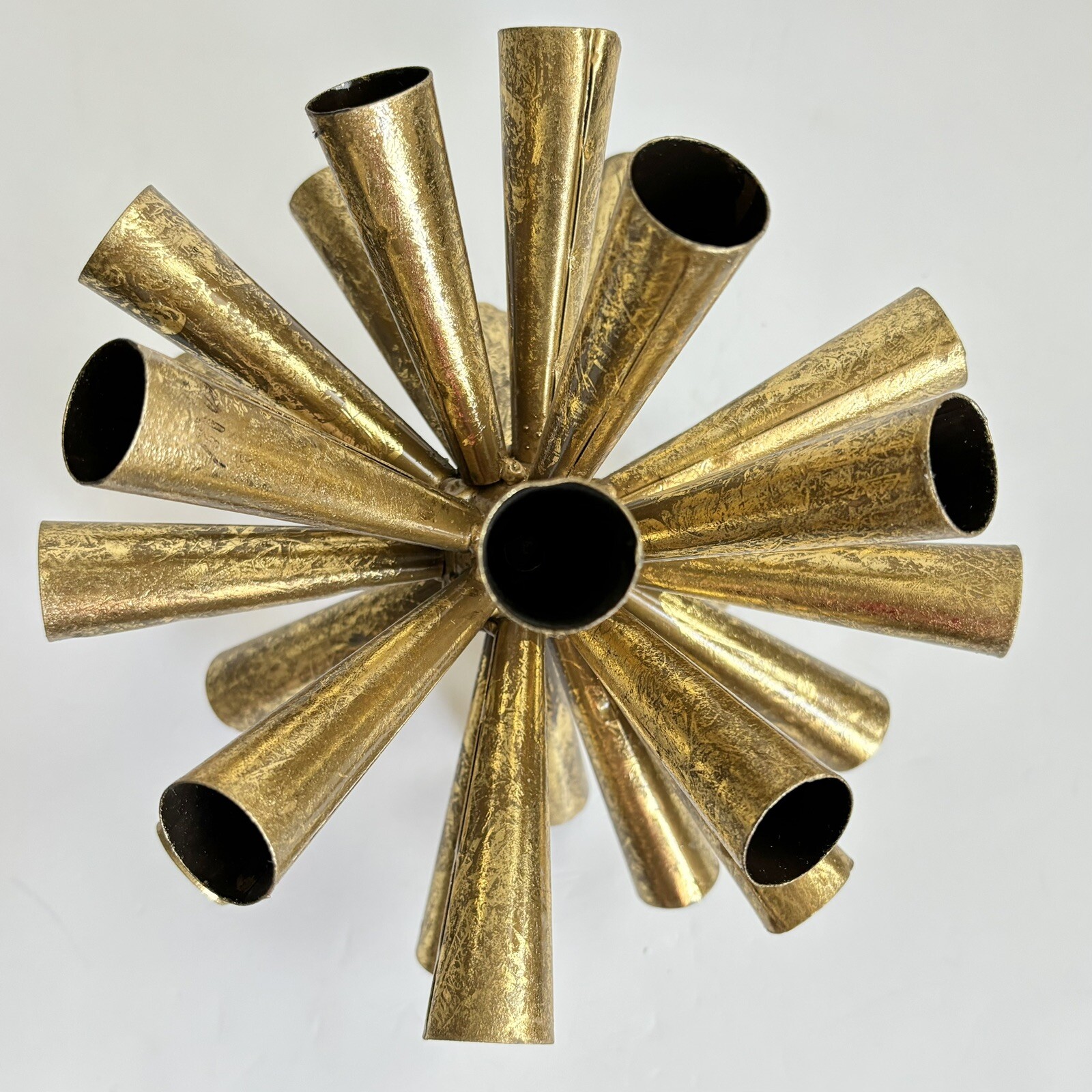 2 Metal Starburst Sputnik Style Tube Sculptures 10” And 8” Gold Tone Vintage