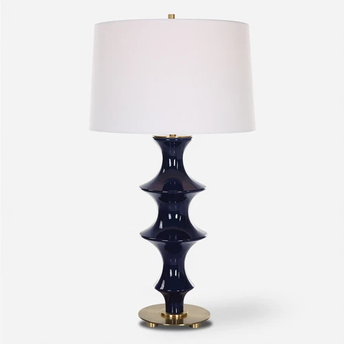 Modern Ridged Cobalt Blue Ceramic Table Lamp 29 in Fluted Chinoiserie Style - Picture 1 of 9