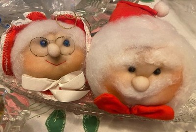 Vintage Nylon Mr and Mrs Santa Claus Heads To Hang Around Christmas Decor
