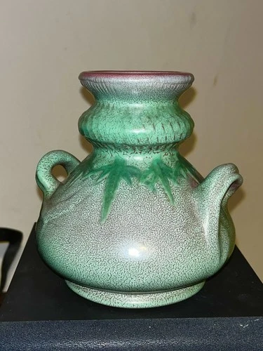 Fabulous Signed Weller Mat Ware Fru Russet Two Handled Vase. Curdled Glazes.