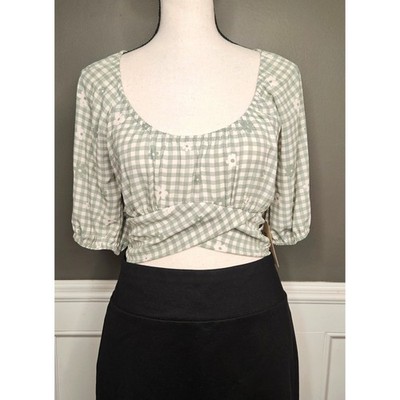 Everleigh Gingham Cropped Babydoll Wrap Top smocked puff sleeves NWT Small