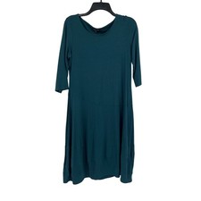 Eileen Fisher Teal Green Jersey Knit 3/4 Sleeve Seam Detail Midi Dress Size S