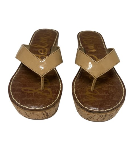 Sam Edelman Patent Leather Brown Cork Wedge Thong Sandal Size 7.5 - Picture 2 of 8