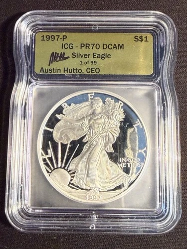 1997 P American Silver Eagle PR70 DCAM ICG - A. Hutto Sig. - Gold Label- 1 of 99