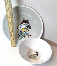 Pottery Barn Kids Snoopy Woodstock Christmas Plate Bowl Set Peanuts