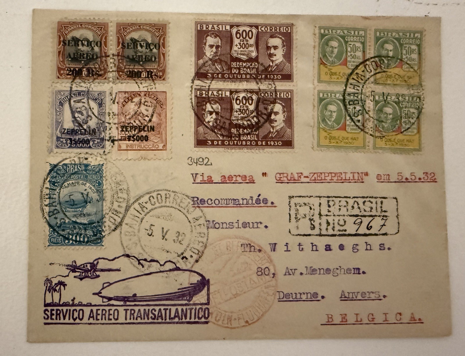 1932 Brazil LZ 127 Graf Zeppelin Cover Bahia to Antwerp Belgium with Letter