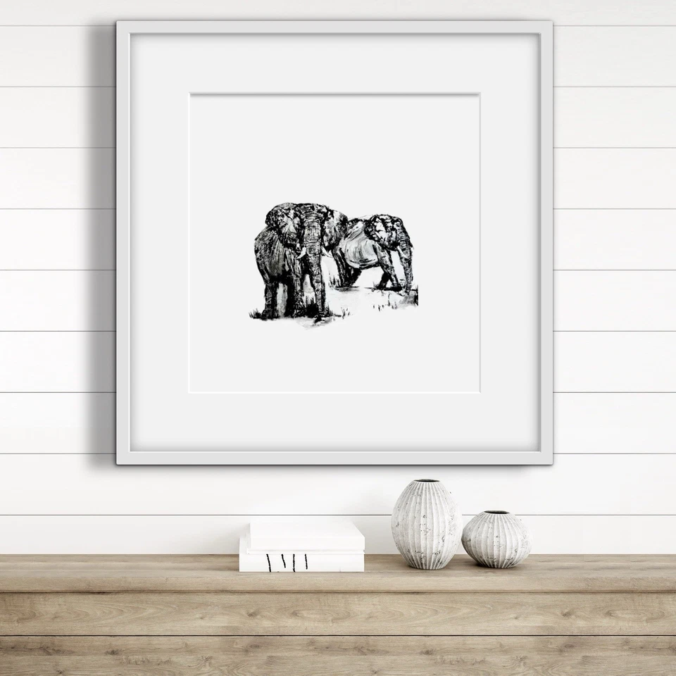 Los elefantes - Impresión de bellas artes giclee - Minimalista en blanco y negro. Firmado Foto 3 de 4