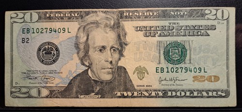 2004, $20 Dollar Bill, Offset Misalignment Error On Obverse