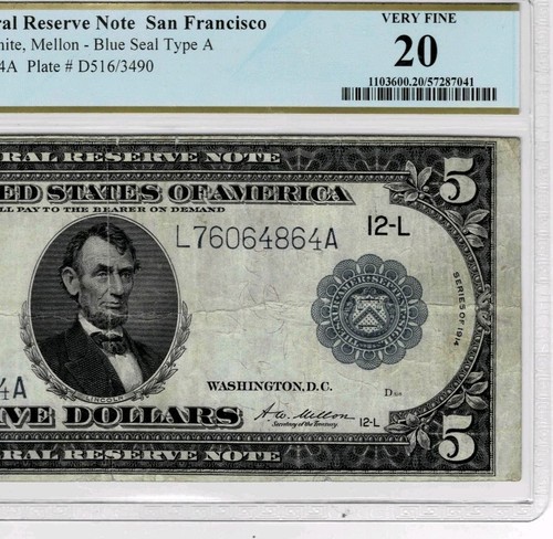 1914 $5 Federal Reserve note (San Francisco) fr.891a--PCGS VF 20 - Picture 4 of 6
