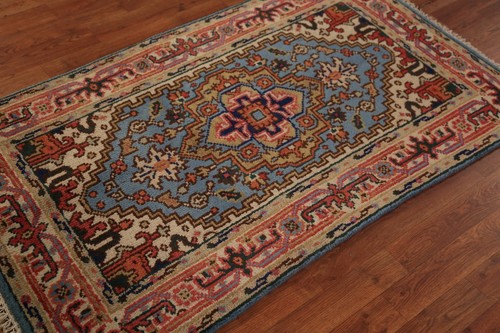 Alfombra de vestíbulo indio azul claro medallón anudada a mano alfombra de lana tradicional de 3x5 pies - Imagen 7 de 19