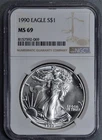 1990 $1 AMERICAN SILVER EAGLE UNC 1 oz .999 NGC MS 69 A7487